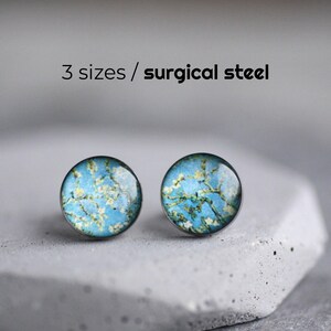 Van Gogh post earrings, Surgical steel studs, Floral stud, Tiny earring studs, Blossoming Almond trees stud earrings