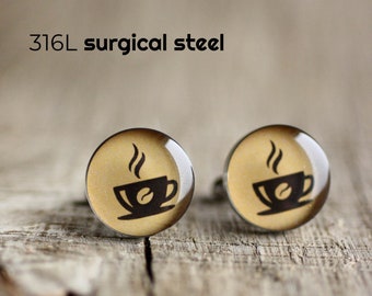 Coffee mug cufflinks, Surgical steel cuff link, Coffee lover cufflink, Caffeine accessory, caffeine addict gift