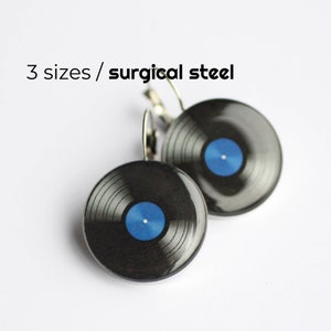 Vinyl Record earrings, LP retro earrings, Music dangle earring, black and blue, gift for her, music jewelry, retro accessory