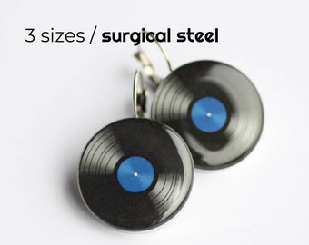 Vinyl Record earrings, LP retro earrings, Music dangle earring, black and blue, gift for her, music jewelry, retro accessory