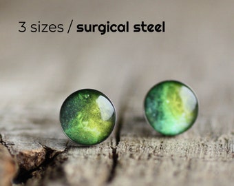 Space earring studs, Surgical steel post, Stardust earring post, Galaxy post earring, Tiny earring studs, Universe earrings, green nebla