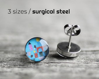 Klee post earrings, Surgical steel stud, Tiny earring studs, Art stud earrings, Blue earring