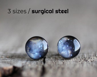 Stardust earring studs, Surgical steel posts, Universe earring stud, Space earring post, Tiny earring studs, blue space earring