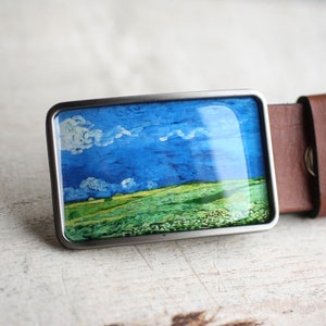 Van Gogh Belt Buckle, Wheat Field Belt Buckle, Fine Art, Blue and Green, resin belt buckle