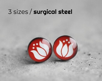 Floral post earrings, Surgical stainless steel studs, Hungarian folk motif stud earrings, Red and White Kalocsai earrings, hungarian jewelry