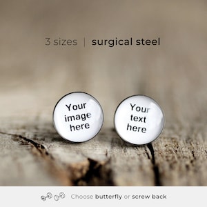 Pendientes personalizados con foto: pendientes minimalistas con imagen, joyería con imagen personalizada, acero hipoalergénico, cierre de rosca o clásico, fabricados en Europa.