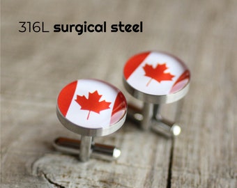 Boutons De Manchette Vintage - Motif Drapeau Canadien / Feuille D'érable Rouge Et Argenté - Réf. 62017 - Occasion