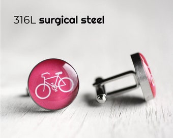 Pink Bicycle cufflinks, Surgical steel cuff link, Sport cufflinks, Pink cuff links, Wedding cuff links for groom, groomsmen