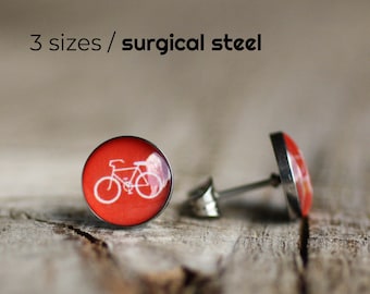 Bicycle post earrings, Surgical steel studs, Tiny red earring studs, Sport stud earrings, mens earrings