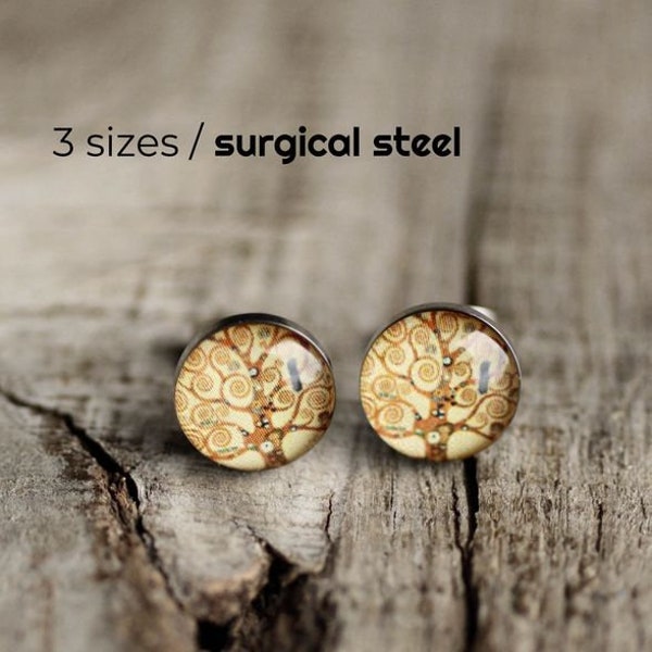 Tree of life earring studs, Klimt post earrings, Surgical steel studs, Tiny earring studs, Art stud earrings, gift for her