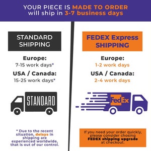 Peut inclure: Un graphique comparant les d&eacute;lais de livraison standard et FedEx Express pour les commandes. Le graphique montre un camion avec le mot "STANDARD" dessus et un camion avec le logo FedEx. Le graphique indique les d&eacute;lais de livraison estim&eacute;s pour l'Europe et les &Eacute;tats-Unis/Canada.