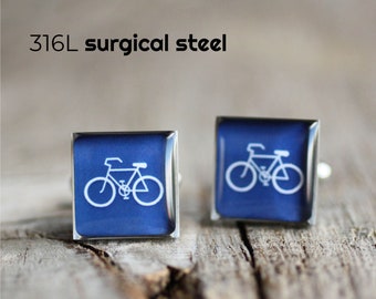 Bicycle cufflinks, Stainless steel cuff link, Blue bike cufflink, Sport cufflinks, Wedding cuff links, gift for him, mens gift, square cuff