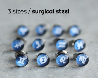 Zodiac sign surgical steel earring studs, Horoscope jewelry, Astrology earring, Constellation jewelry, gift for her, mens earrings