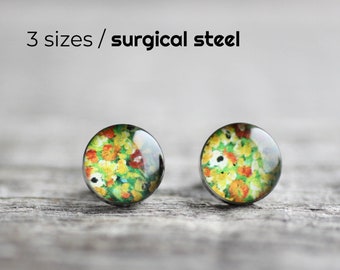 Flower earrings, Surgical steel stud, Klimt earring studs, Fine art stud earrings, floral earrings, womens earrings, romantic earrings