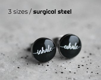 Inhale Exhale surgical steel earring studs, Meditation post earrings, Zen, Yoga, meditation gift, breathing jewelry, pilates, relaxing gift