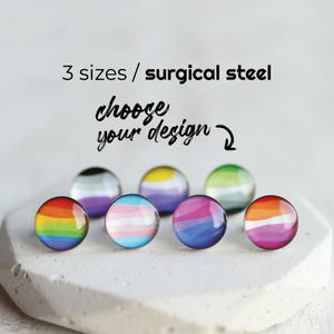 May include: A collection of round, glass-like earrings with various LGBTQ+ pride flag designs. The earrings are displayed on a white, textured surface. Text above reads "3 sizes / surgical steel choose your design".