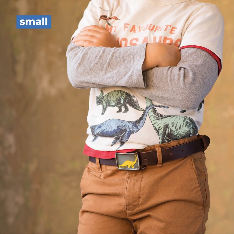 Peut inclure: Un enfant portant un t-shirt blanc avec un imprim&eacute; de dinosaure et le texte "Mes dinosaures pr&eacute;f&eacute;r&eacute;s". L'enfant porte une ceinture marron avec une boucle de dinosaure jaune. L'enfant porte un pantalon marron.
