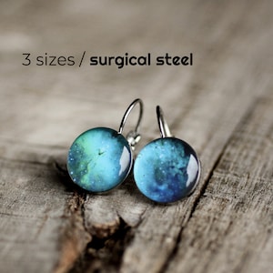 Space earrings, aquamarine universe surgical steel dangle earrings, Green Stardust, Blue Nebula, French clip earring, Leverback earring