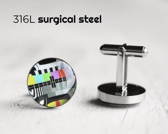 Monoscope cufflinks, Surgical steel cuff link, TV test pattern cufflink, Retro cufflink