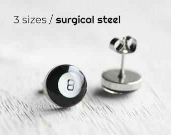 Billiard ball post earrings, Surgical steel stud, Sport earring studs, mens earrings, earrings for men, gift for him