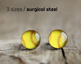 Softball post earrings, Surgical steel stud, Sport earring studs, womens earrings, gift for her, sport ball earrings