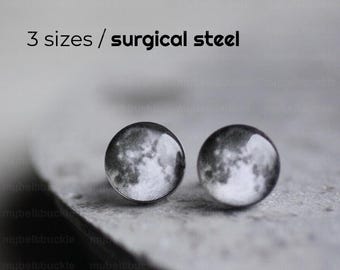 Full Moon earring studs, Surgical steel posts, Tiny earring studs, Space jewelry, Moon earring, mens earrings
