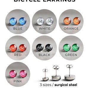 May include: A set of bicycle earrings available in blue, white, orange, red, black, green, and pink. The earrings are made of surgical steel and come in three sizes.