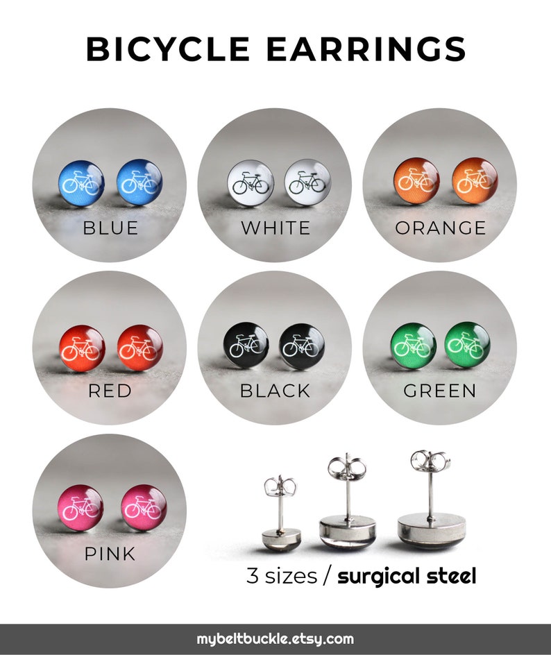 May include: A set of bicycle earrings available in blue, white, orange, red, black, green, and pink. The earrings are made of surgical steel and come in three sizes.