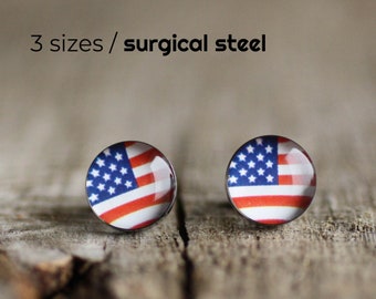 American flag ear studs, Surgical steel posts, USA Flag earring studs, mens earrings