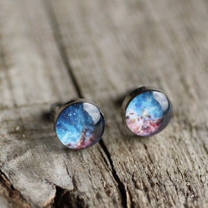 Universe Surgical steel earring studs, Tiny Turquoise and Pink Stardust / Galaxy / Space post earrings, gift for her image 3