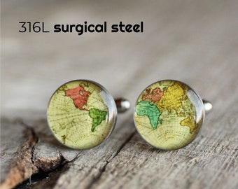 World Map Cufflink, Stainless steel cuff link, Vintage Map Cuff Link, Wedding cuff links for groom, groomsmen