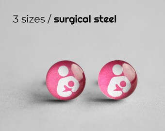 Nursing post earring (pink), Surgical steel studs, Breastfeeding symbol earring, Tiny earring studs, Resin posts