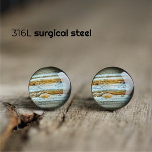May include: A pair of surgical steel earrings with a round, glass design featuring a detailed image of Jupiter. The earrings are 316L surgical steel.