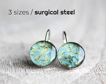 Floral earrings, Surgical steel earrings, Van Gogh dangle earring, blossom earring, blue earring