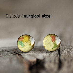 World map adventure earrings, Surgical steel studs, Antique world map earring studs, Whole Wide World stud gift map jewelry mens earrings