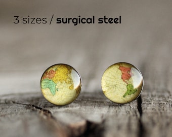 World map adventure earrings, Surgical steel studs, Antique world map earring studs, Whole Wide World stud gift map jewelry mens earrings