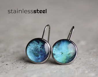 Pendientes espaciales, pendientes colgantes de acero inoxidable del universo aguamarina, Green Stardust, Blue Nebula, pendiente de gancho turquesa