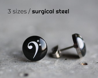 Bass Clef earring studs Music ear studs Surgical steel posts music note earrings mens earrings, gift for musicians