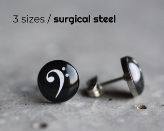 Bass Clef earring studs Music ear studs Surgical steel posts music note earrings mens earrings, gift for musicians