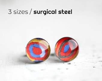 Kandinsky post earrings, Surgical steel stud, Tiny earring studs, Art stud earrings, womens gift idea, red and blue