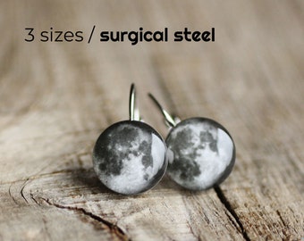 Full Moon earring, Surgical steel earring, Planet leverback earring, dangle, french clip