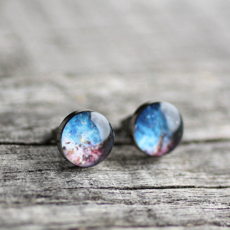 Universe Surgical steel earring studs, Tiny Turquoise and Pink Stardust / Galaxy / Space post earrings, gift for her image 4