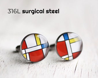 Mondrian Cuff link, Surgical steel cufflink, Abstract Cuff link, Geometric cuff link,  wedding cufflink, groom, groomsmen