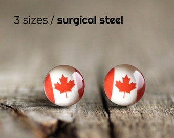 Canada flag stud earrings, Surgical steel earring posts, canadian earrings, mens earrings, gift for him, men's gift idea