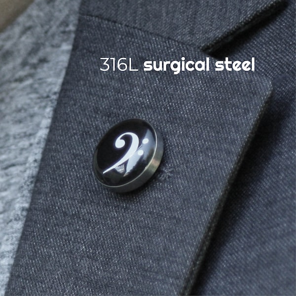 Bass Clef lapel pin, Music pin badge, Stainless steel lapel pin, Musician tie tack, Wedding lapel pin for groom, groomsmen, gift for him