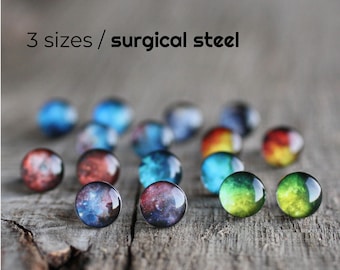 Space Surgical Steel Earring Studs, Tiny Stardust Universe Post Earrings, Gift for Her, Galaxy Jewelry