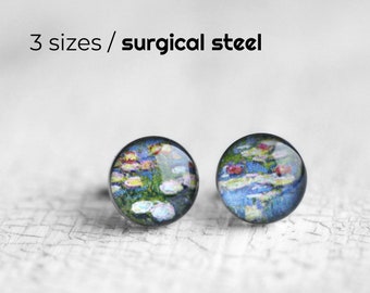 Waterlilies earrings, Surgical  steel stud, Monet earring studs, Art stud earrings, Floral earrings, flower earrings, gift for her