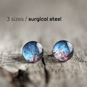Universe Surgical steel earring studs, Tiny Turquoise and Pink Stardust / Galaxy / Space post earrings, gift for her image 1