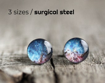 Universe Surgical steel earring studs, Tiny Turquoise and Pink Stardust / Galaxy / Space post earrings, gift for her