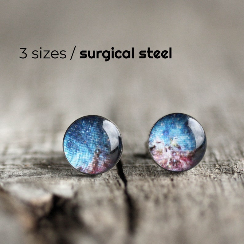 Universe Surgical steel earring studs, Tiny Turquoise and Pink Stardust / Galaxy / Space post earrings, gift for her image 1